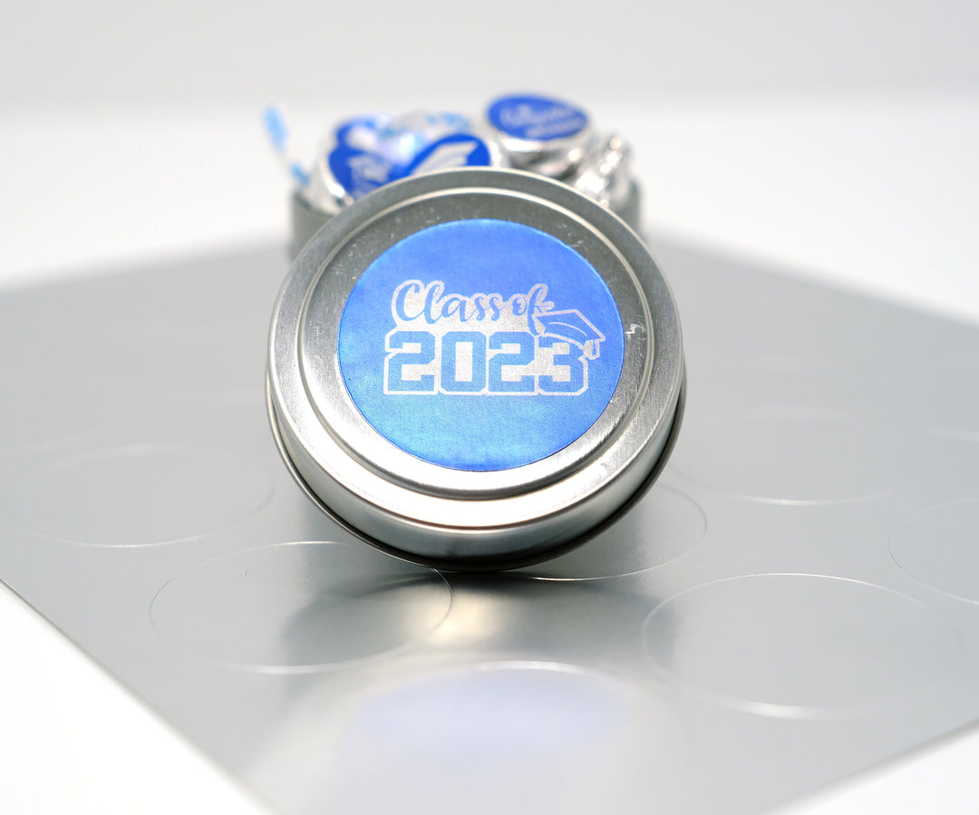 Graduation Favor Stickers Blue & Silver Foil Class of 2025 | Personalized Round Graduation Party Sticker Labels | Congrats Grad Party Seals