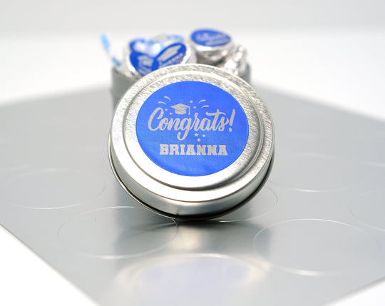 Graduation Favor Stickers Blue & Silver Foil Class of 2025 | Personalized Round Graduation Party Sticker Labels | Congrats Grad Party Seals