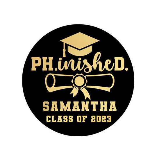 Graduation Favor Stickers PhD Degree Black & Gold Foil | Doctoral Grad Class of 2025 | Personalized Round Graduation Party Sticker Labels