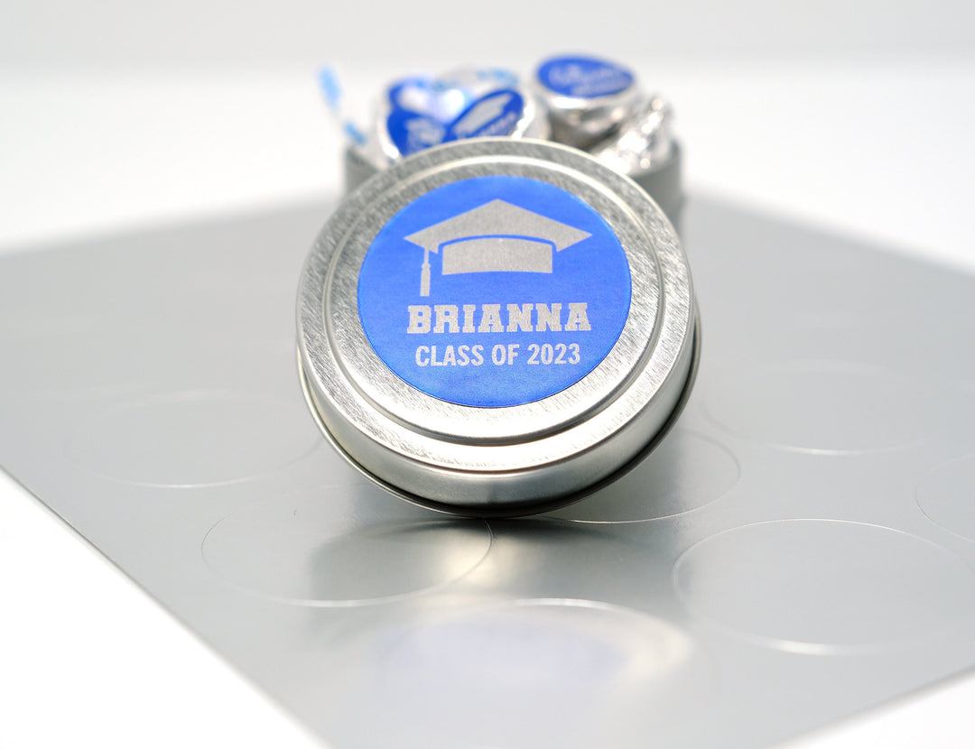 Graduation Favor Stickers Blue & Silver Foil Class of 2025 | Personalized Round Graduation Party Sticker Labels | Congrats Grad Party Seals
