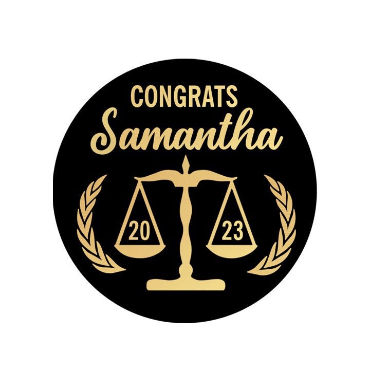 Graduation Favor Stickers, Law Degree Black & Gold Foil, Scale of Justice Graduation Party Labels