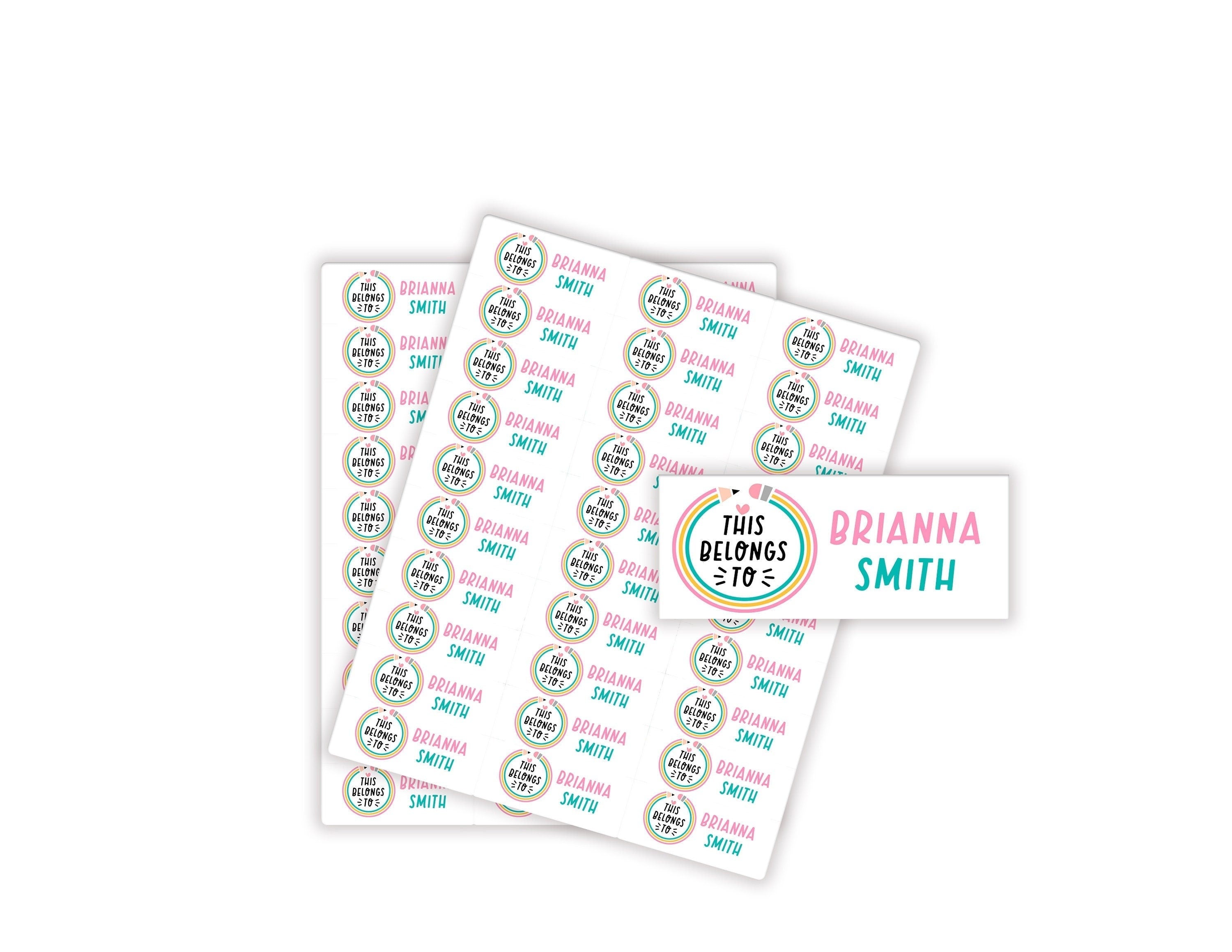 Personalized Kids Name Labels, Waterproof Pink Green Stickers, Supplies for Back to School