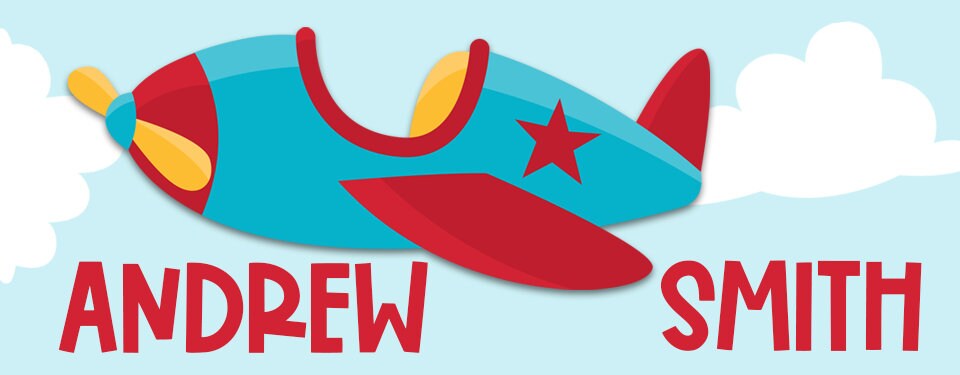 Personalized Airplane Kids Name Stickers, Back to School Vinyl Label, Child First Last Name