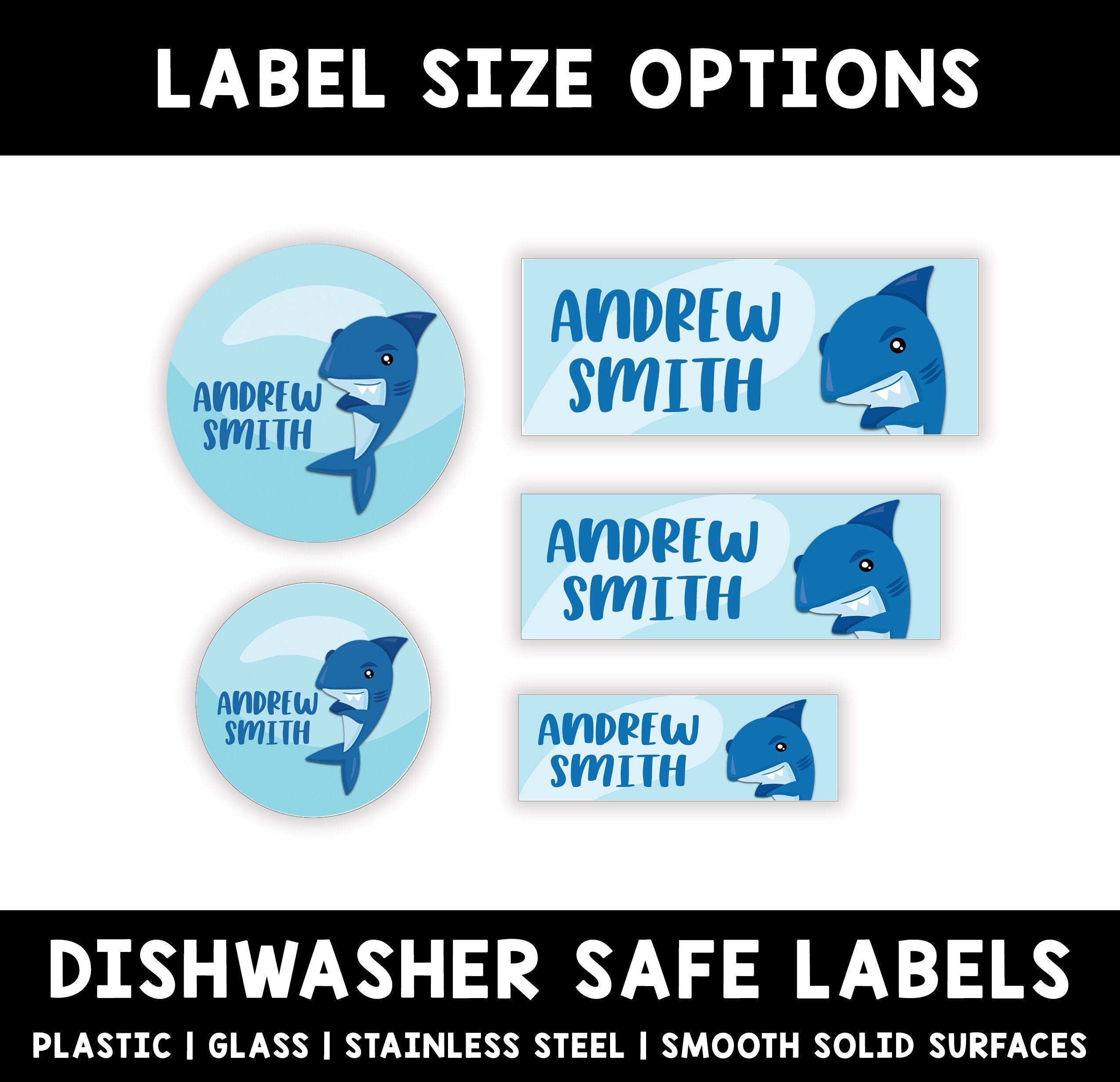 Shark Name Labels, Kid Name Labels, Name Tag Stickers, Waterproof Labels for Kids Daycare, Vinyl Name Stickers for Kids School Labels