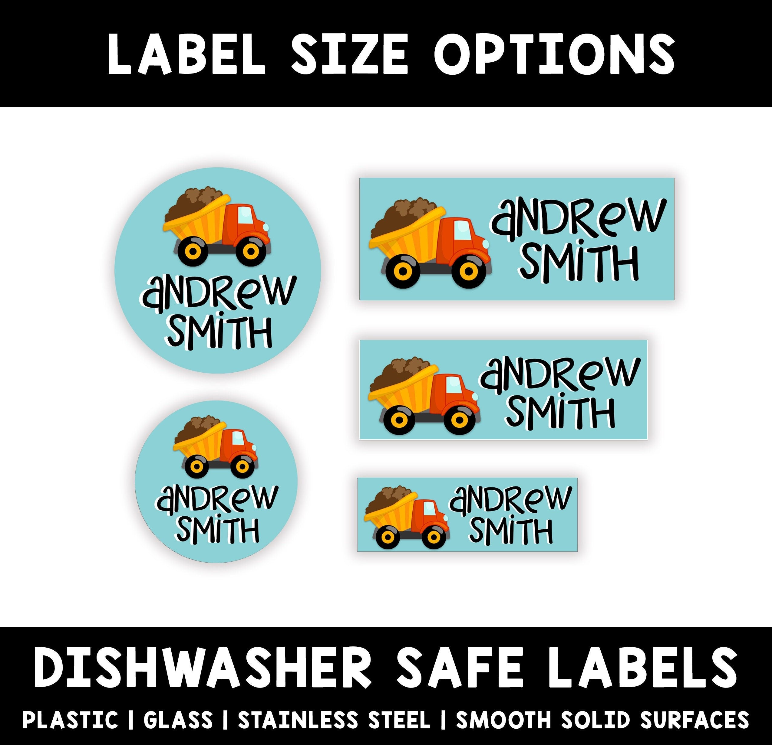 Truck Boy Name Labels, Kid Name Labels, Name Tag Stickers, Waterproof Labels for Kids Daycare, Vinyl Name Stickers for Kids School Labels