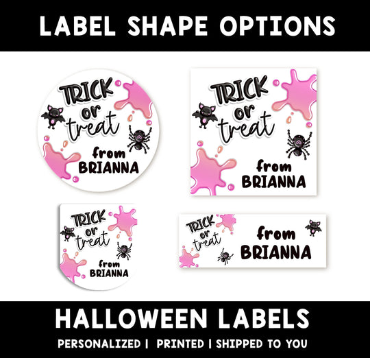 Trick or Treat Pink Personalized Halloween Sticker, Custom Halloween Stickers, Kids Halloween Favor Stickers, Halloween Stickers for School