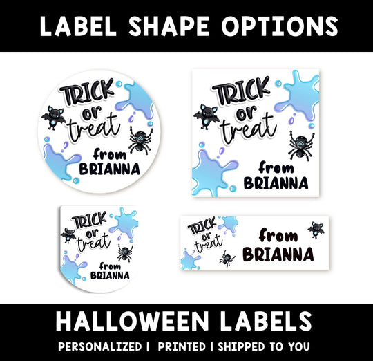 Trick or Treat Blue Personalized Halloween Sticker, Custom Halloween Stickers, Kids Halloween Favor Stickers, Halloween Stickers for School