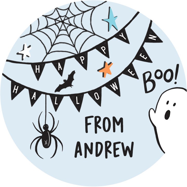 Blue Ghost Personalized Halloween Sticker, Custom Halloween Stickers, Kids Halloween Favor Stickers, Cute Halloween Stickers for School