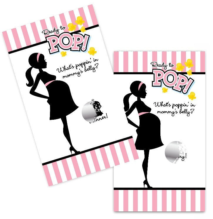 Ready To Pop Pink - Baby Shower Scratch Off Game - Ready To Pop Pink Stripes Baby Shower Game - Pack of 20 Cards