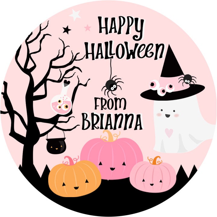 Pink Ghost Personalized Halloween Sticker, Custom Halloween Stickers, Kids Halloween Favor Stickers, Cute Halloween Stickers for School