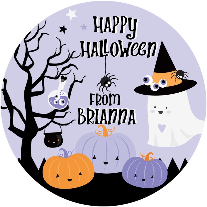 Purple Ghost Personalized Halloween Sticker, Custom Halloween Stickers, Kids Halloween Favor Stickers, Cute Halloween Stickers for School