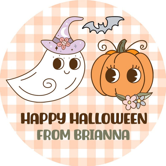 Retro Ghost Pumpkin Personalized Halloween Sticker, Custom Halloween Stickers, Kids Halloween Favor Stickers, Halloween Stickers for School