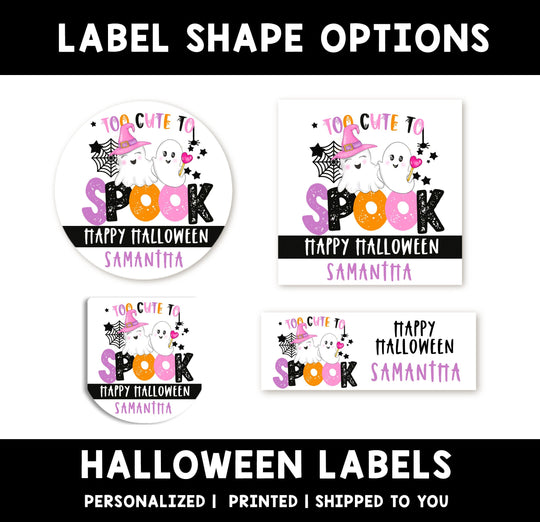 Too Cute To Spook Personalized Halloween Sticker, Custom Halloween Stickers, Kids Halloween Favor Stickers, Halloween Stickers for School