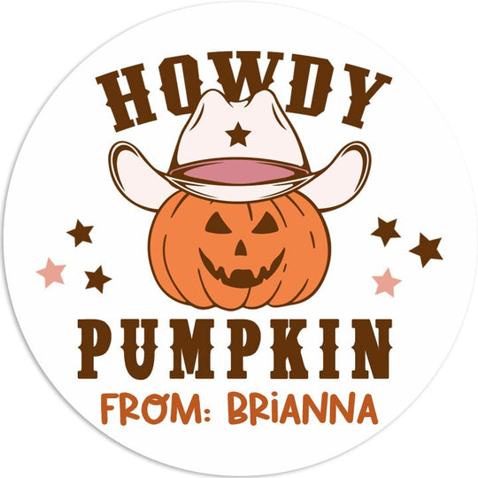 Howdy Pumpkin Personalized Halloween Sticker, Custom Halloween Stickers, Kids Halloween Favor Stickers, Western Halloween Stickers for School