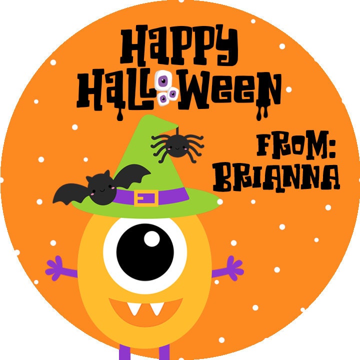 Orange Monster Personalized Halloween Sticker, Custom Halloween Stickers, Kids Halloween Favor Stickers, Cute Halloween Stickers for School