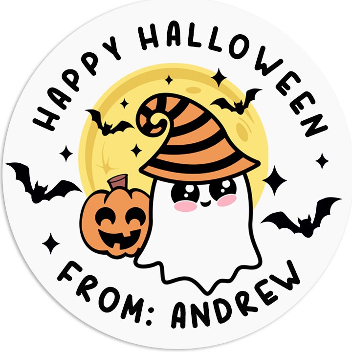 Ghost Pumpkin Personalized Halloween Sticker, Custom Halloween Stickers, Kids Halloween Favor Stickers, Cute Halloween Stickers for School
