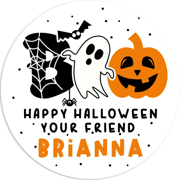 BOO Ghost Pumpkin Personalized Halloween Sticker, Custom Halloween Stickers, Kids Halloween Favor Stickers, Halloween Stickers for School