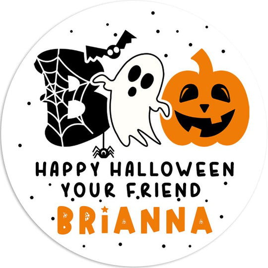 BOO Ghost Pumpkin Personalized Halloween Sticker, Custom Halloween Stickers, Kids Halloween Favor Stickers, Halloween Stickers for School