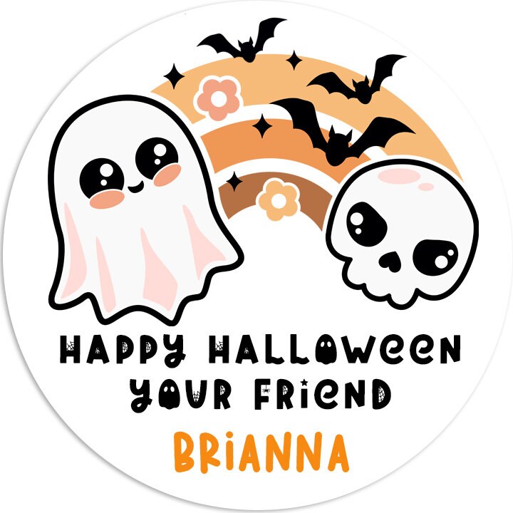 Ghost & Skull Personalized Halloween Sticker, Custom Halloween Stickers, Kids Halloween Favor Stickers, Halloween Stickers for School
