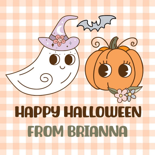 Retro Ghost Pumpkin Personalized Halloween Sticker, Custom Halloween Stickers, Kids Halloween Favor Stickers, Halloween Stickers for School