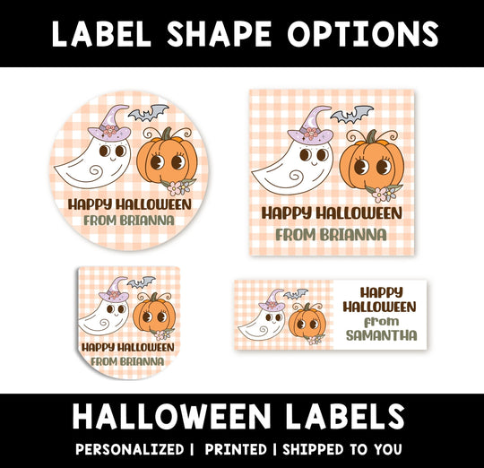 Retro Ghost Pumpkin Personalized Halloween Sticker, Custom Halloween Stickers, Kids Halloween Favor Stickers, Halloween Stickers for School