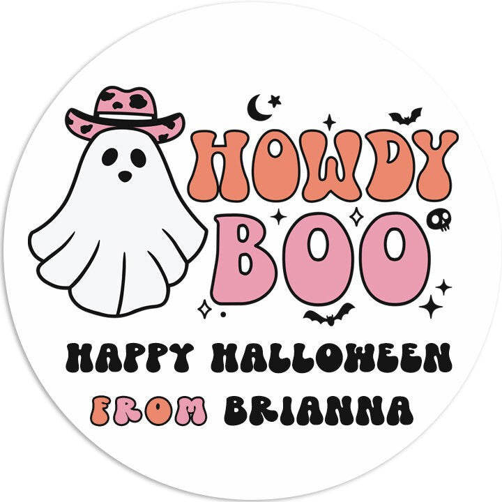 Howdy Boo Ghost Personalized Halloween Sticker, Custom Halloween Stickers, Kids Halloween Favor Stickers, Halloween Stickers for School