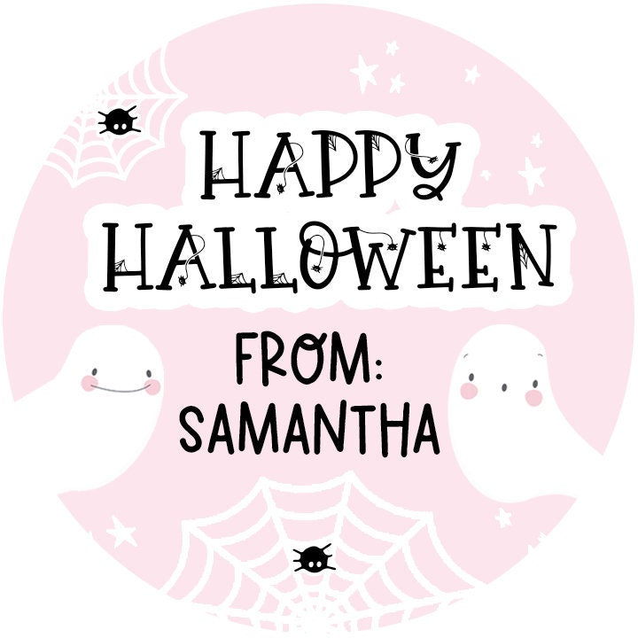 Hey Boo Pink Ghost Personalized Halloween Sticker, Custom Halloween Stickers, Kids Halloween Favor Stickers, Halloween Stickers for School