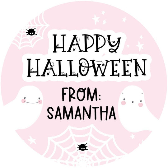 Hey Boo Pink Ghost Personalized Halloween Sticker, Custom Halloween Stickers, Kids Halloween Favor Stickers, Halloween Stickers for School