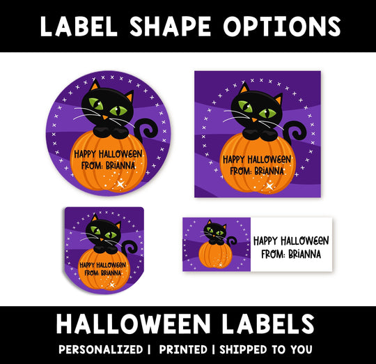 Black Cat on Pumpkin Personalized Halloween Sticker, Custom Halloween Stickers, Kids Halloween Favor Stickers, Halloween Stickers for School