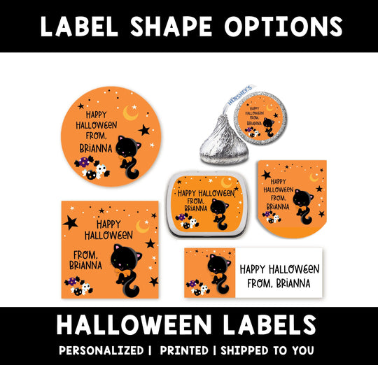 Black Cat Personalized Halloween Stickers, Custom Halloween Stickers, Kids Halloween Favor Stickers, Cute Halloween Stickers for School
