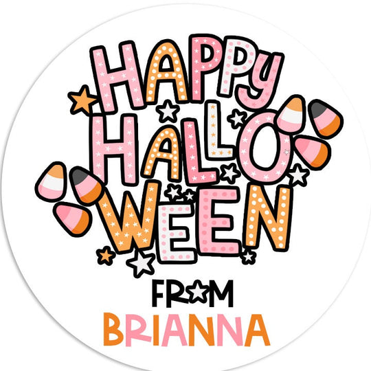 Candy Corn Pink Personalized Halloween Sticker, Custom Halloween Stickers, Kids Halloween Favor Stickers, Halloween Stickers for School