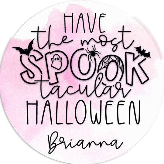 Pink Spooktacular Personalized Halloween Sticker, Custom Halloween Stickers, Kids Halloween Favor Stickers, Halloween Stickers for School
