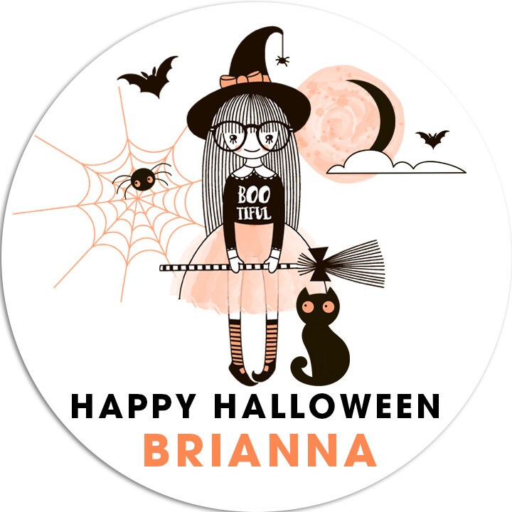 Spooky Witch Personalized Halloween Sticker, Custom Halloween Stickers, Kids Halloween Favor Stickers, Cute Halloween Stickers for School