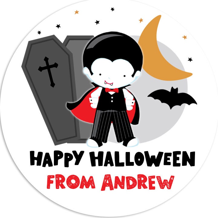 Dracula Personalized Halloween Sticker, Custom Halloween Stickers, Kids Halloween Favor Stickers, Halloween Stickers for School
