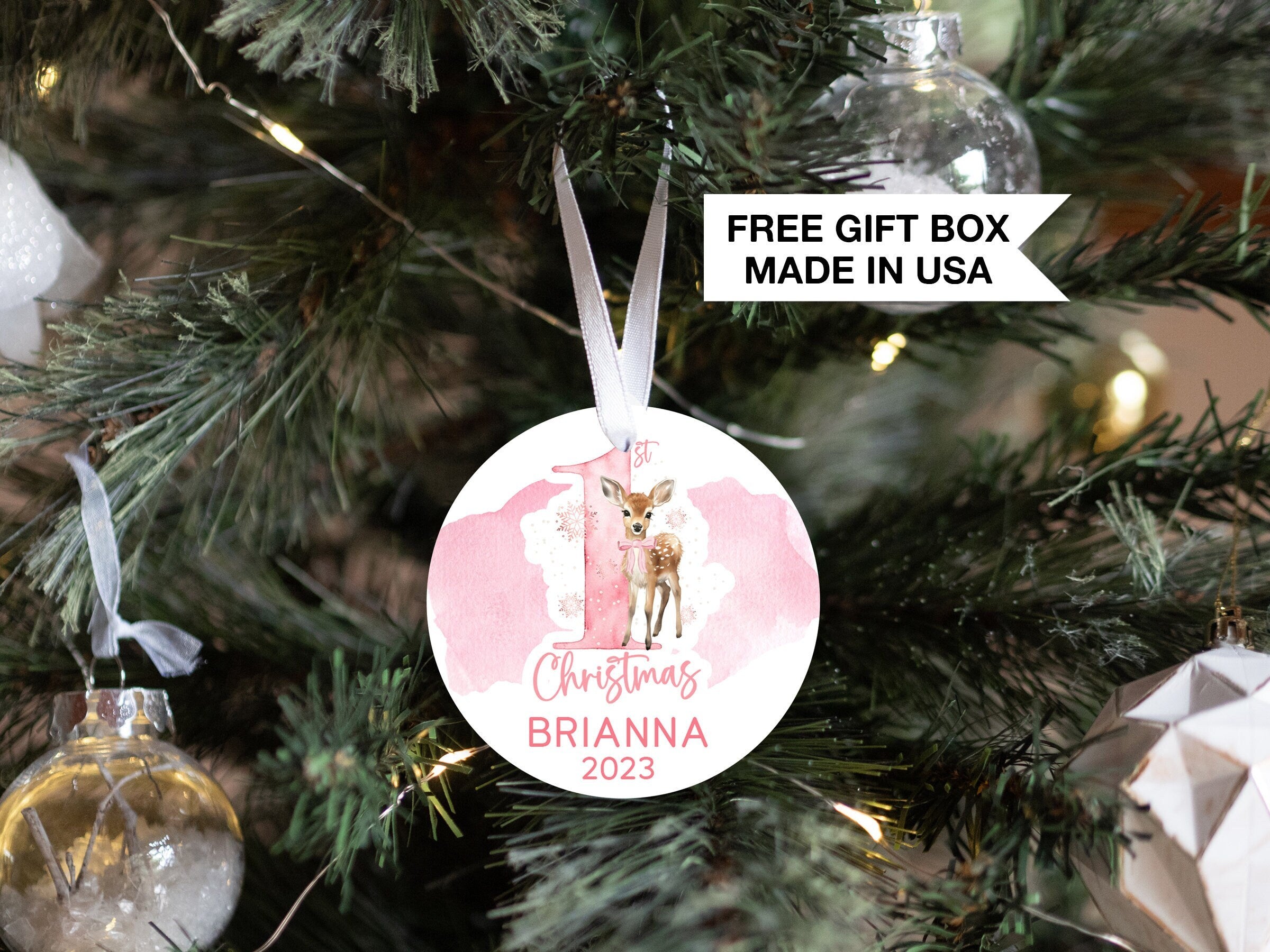 Personalized Deer Baby's 1st Christmas Ornament| Baby First Christmas | Personalized Baby Christmas Ornament | Watercolor Deer Gift