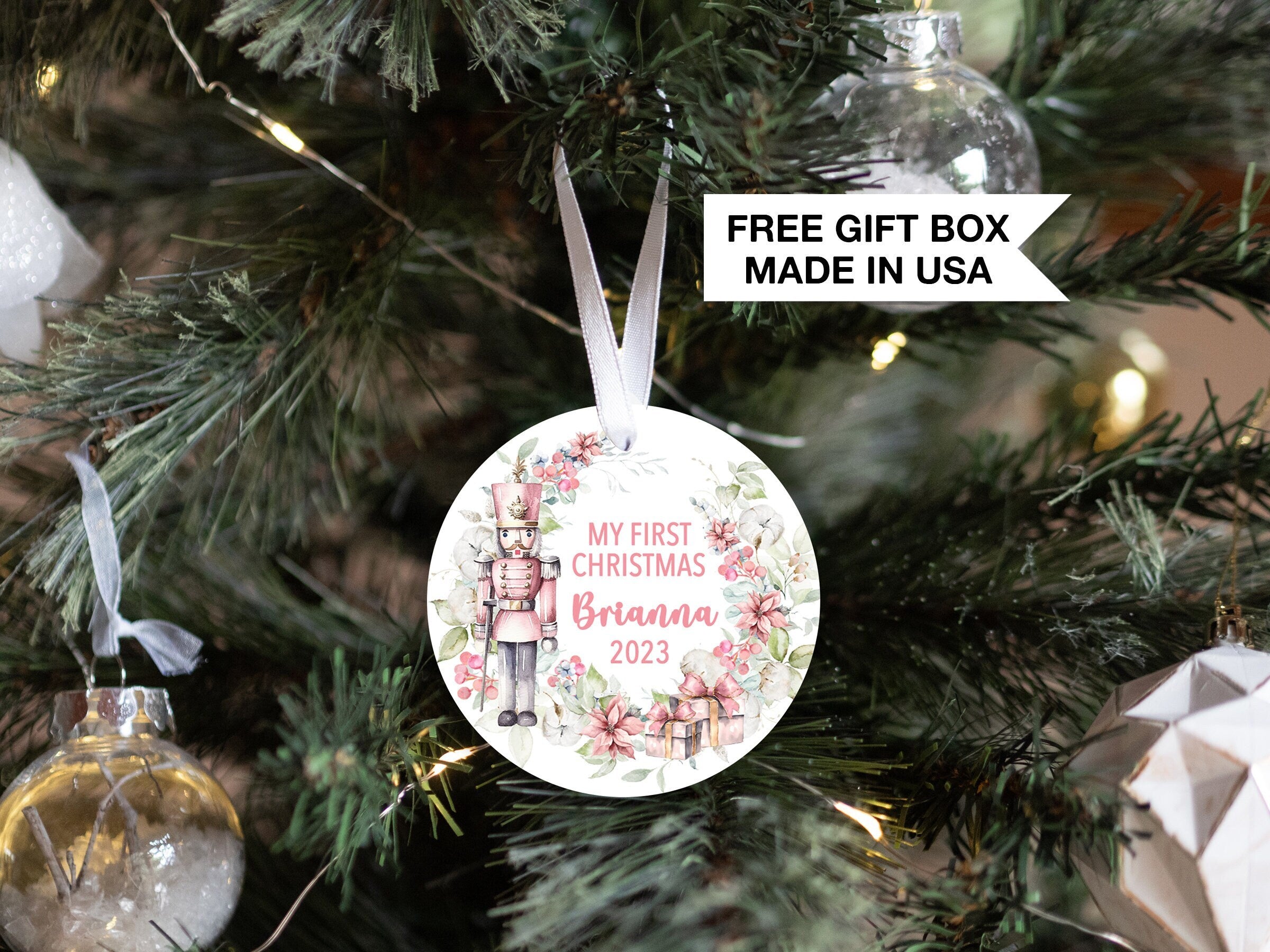 Nutcracker Baby Girls 1st Christmas Ornament | Baby First Christmas Pink | Personalized Baby Christmas Ornament | Watercolor Nutcracker Gift