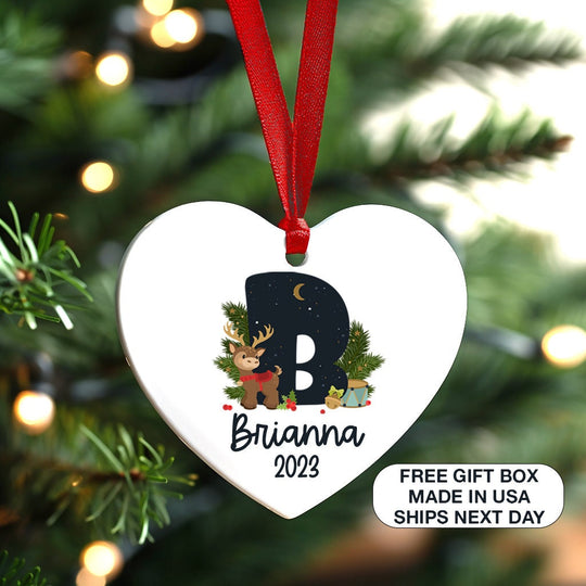 Family Christmas Heart Shape Ornament, Custom Initial Monogram Ornament, Personalized Baby Christmas Ornament, Christmas alphabet ornament