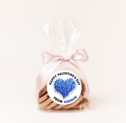 Pink Glitter Heart Valentines Day Stickers - Personalized  Pink Striped Valentine Round Sticker Labels - Classroom Valentines for School