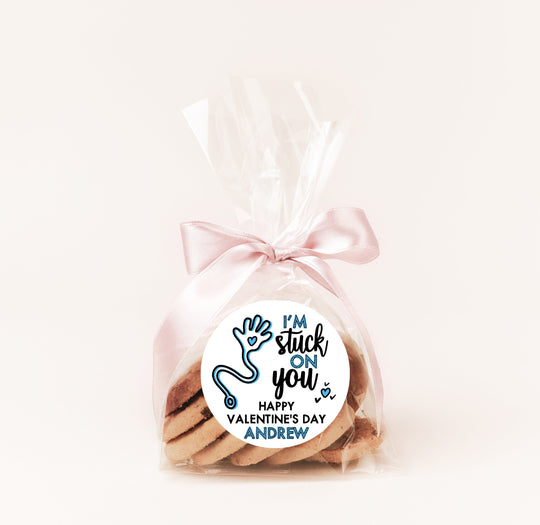 Sticky Hand High Five Blue Valentines Day Stickers - Personalized Valentine Round Sticker Labels - Classroom Valentines for School