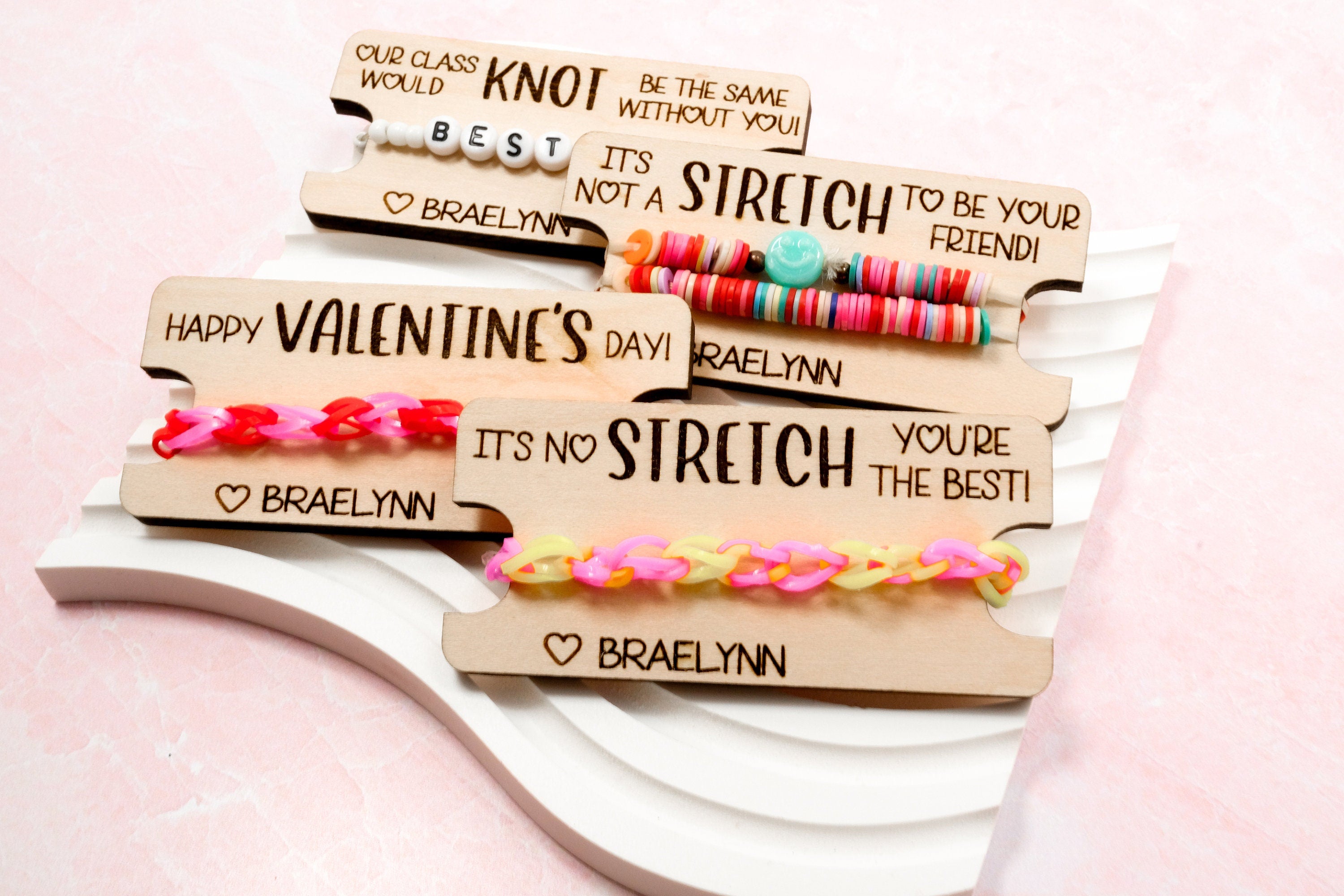 Personalized Class Valentine Stretch Bracelet Holder Cards | Candy Free Favors for Classroom Valentine's Day Party