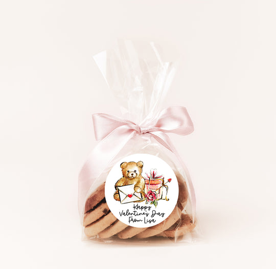 Teddy Bear Valentines Day Stickers - Personalized  Valentine Round Sticker Labels - Classroom Valentines for School
