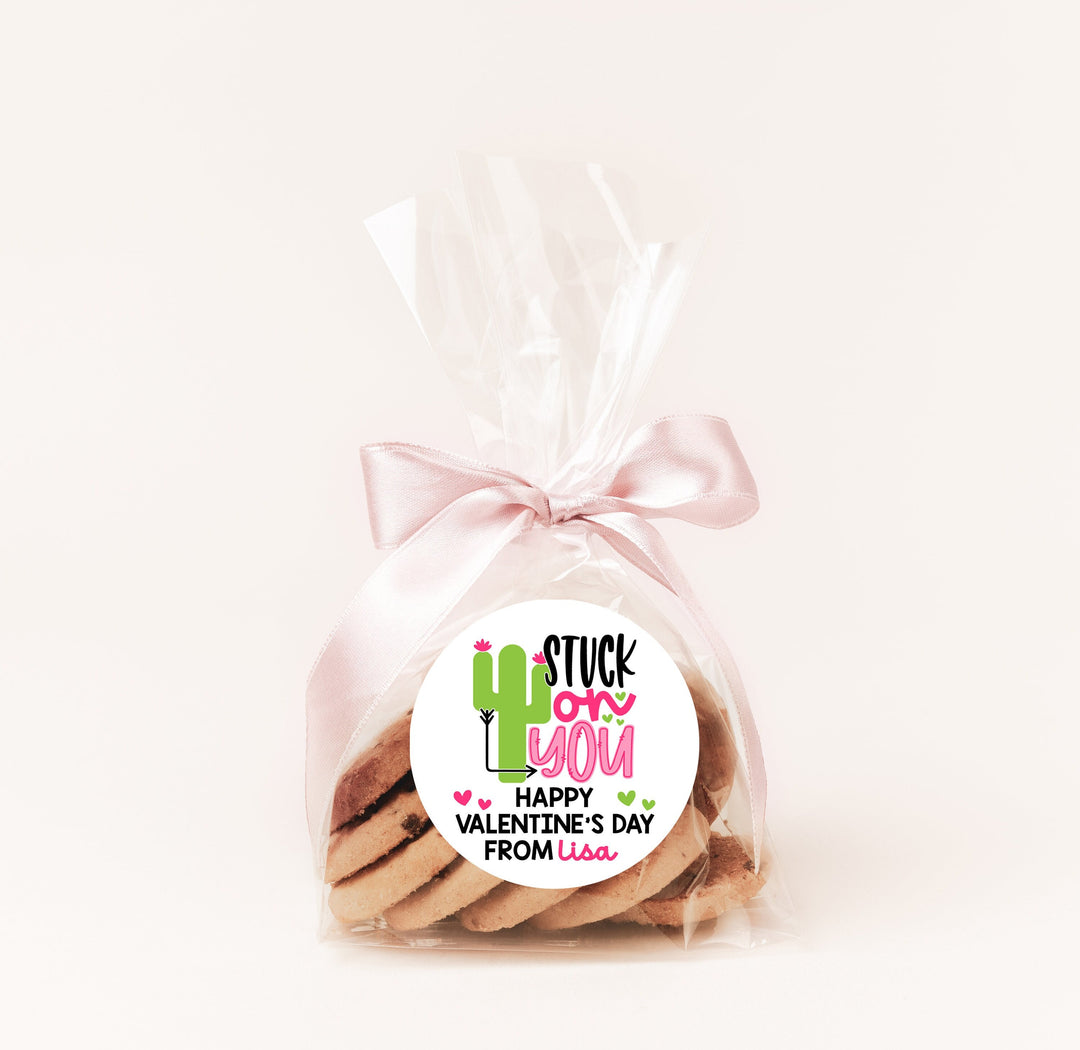 Stuck On You Valentine's Day Stickers - Personalized Valentine Round Sticker Labels - Classroom Valentines for School