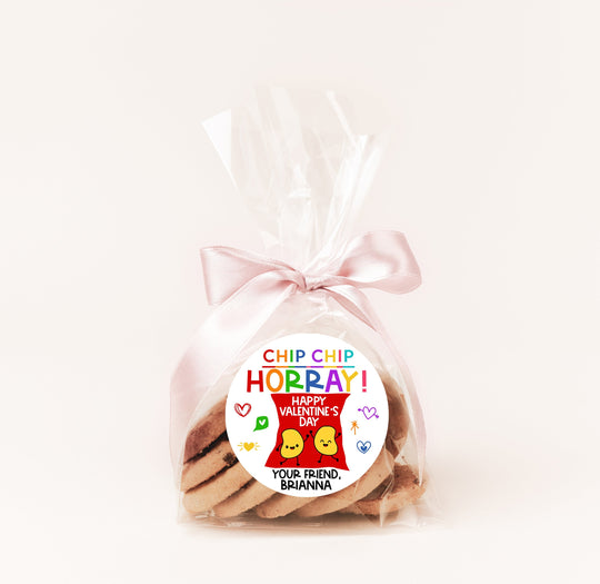 Chip Chip Hooray Valentines Day Stickers - Personalized Valentine Round Sticker Labels - Classroom Valentines for School