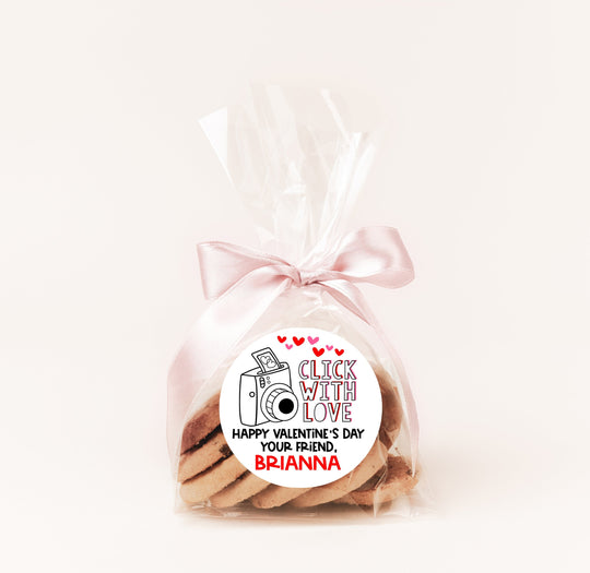 Click With Love Camera Valentines Day Stickers - Personalized  Valentine Round Sticker Labels - Classroom Valentines for School