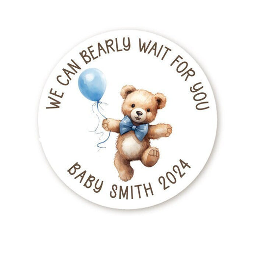 We Can Bearly Wait Stickers, Teddy Bear Boy Baby Shower Favors, Thank You For Coming to My Baby Shower Sticker, Bear Themed Round Label