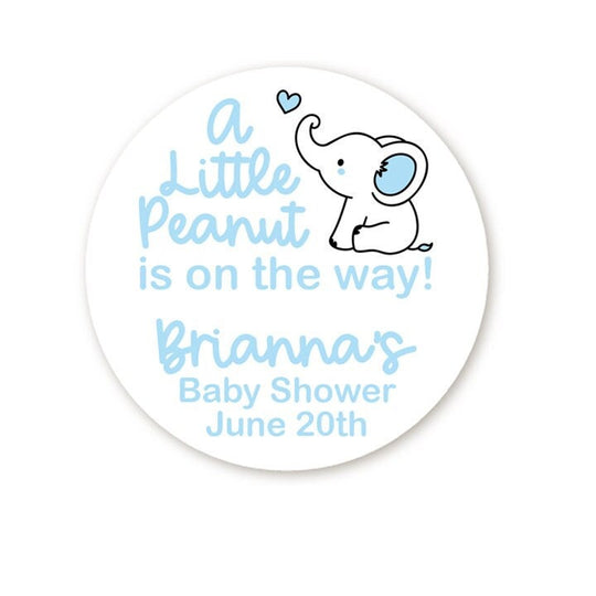 Little Peanut on the way Elephant Boy Baby Shower Round Stickers, Blue Elephant Party, Thank You For Celebrating My Baby Shower Stickers
