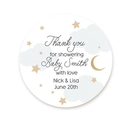 Cloud Moon Stars Baby Shower Thank You Stickers, Thank You For Showering Our Baby With Love Labels, Baby Shower Favor Label