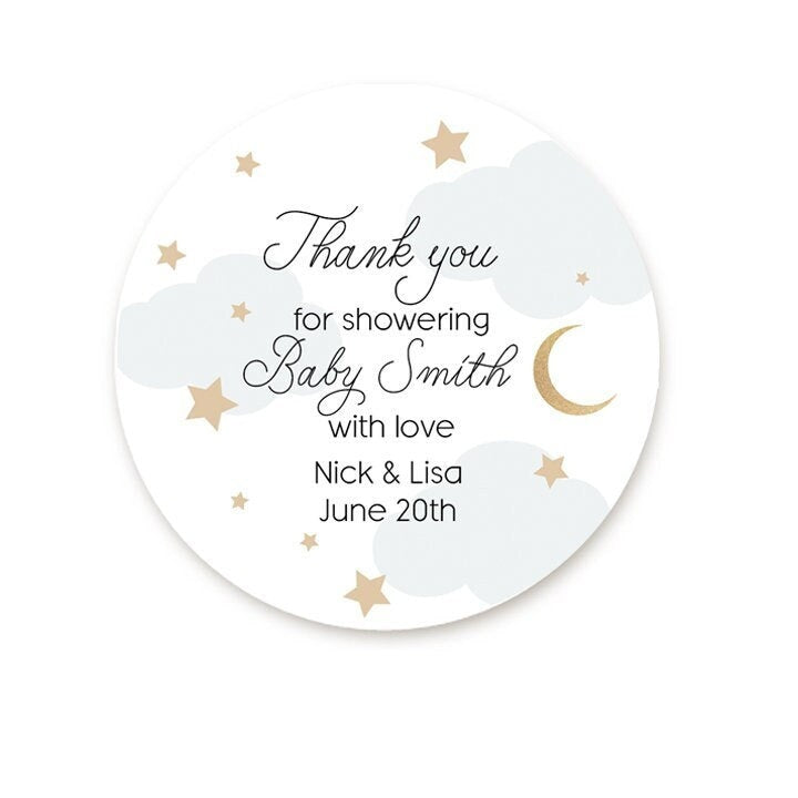 Cloud Moon Stars Baby Shower Thank You Stickers, Thank You For Showering Our Baby With Love Labels, Baby Shower Favor Label