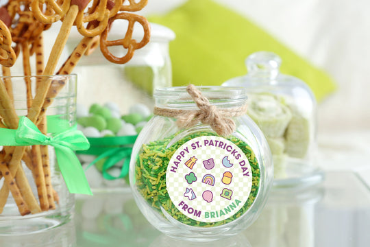 St. Patricks Day Stickers, Personalized Lucky Charm Green Plaid Round Stickers, St. Patrick's Day Classroom Stickers, Treat Bag Stickers