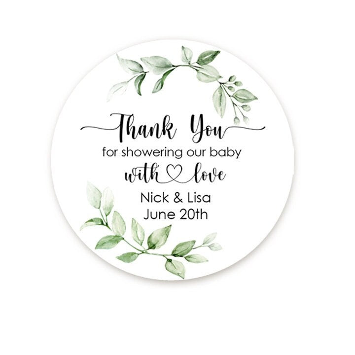 Baby Shower Thank You Stickers - Baby Shower Favor Label, Botanical Baby Shower, Thank You For Showering our Baby with love, Greenery Label